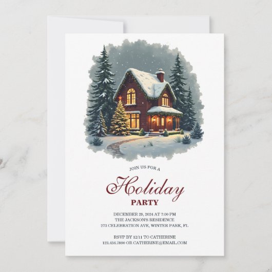 ウォーターカラーウィンターハウスニューイヤーホリデーパーティー 招待状 (正面)