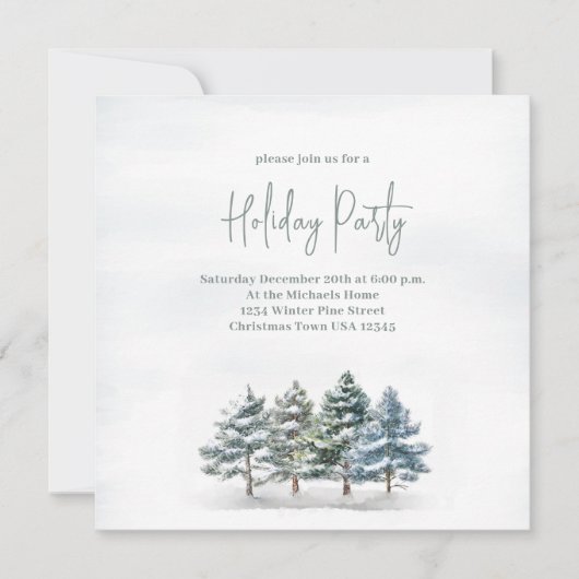 ウォーターカラーウィンターパインツリーホリデーパーティー 招待状 (正面)