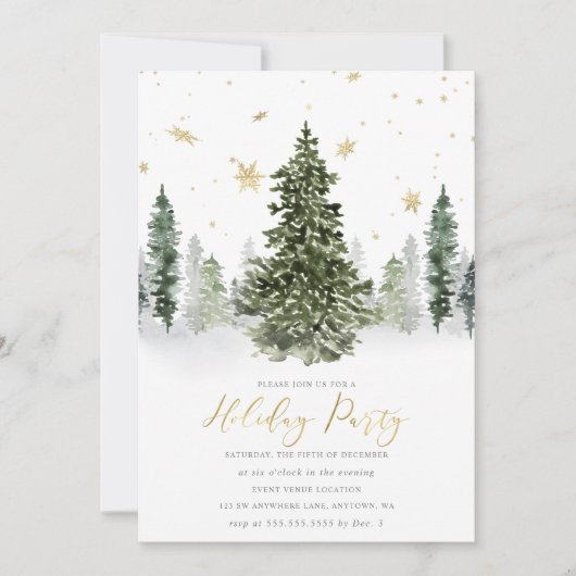 ウォーターカラーウィンターフォレストホリデーパーティー金ゴールド 招待状 (正面)