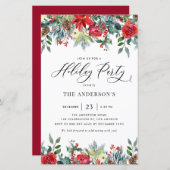ウォーターカラーウィンターフラワーズホリデーパーティー招待状 (正面/裏面)