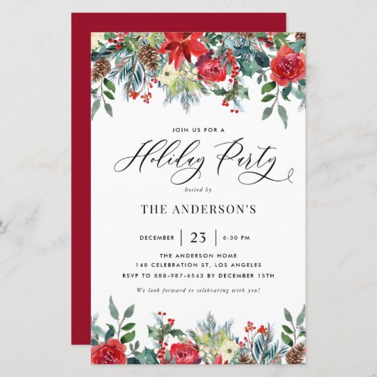 ウォーターカラーウィンターフラワーズホリデーパーティー招待状 (正面/裏面)