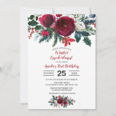 ウォーターカラーウィンターブルゴーニュフラワーズファースト誕生日 招待状 (正面)