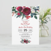 ウォーターカラーウィンターブルゴーニュフラワーズファースト誕生日 招待状 (スタンド正面)