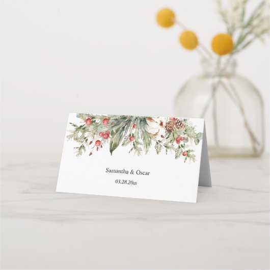 ウォーターカラーウィンターポイントセティア&グリーンパインツリー  プレイスカード (裏面)