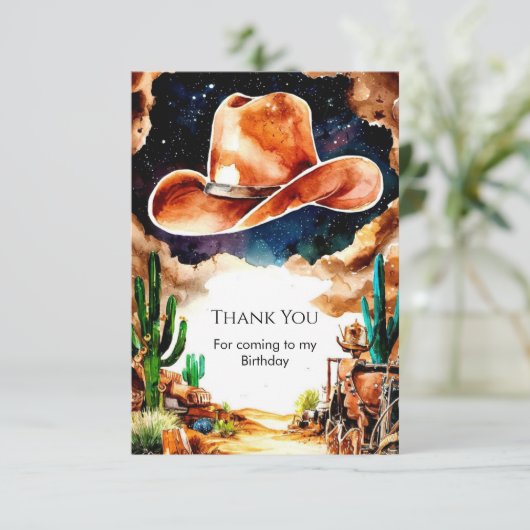 ウォーターカラーウェスタンカウボーイ誕生日 サンキューカード (スタンド正面)