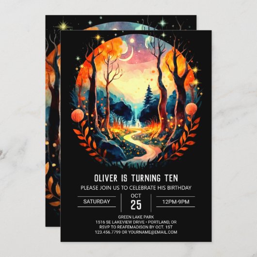 ウォーターカラーウッズアドベンチャー誕生日 招待状 (正面/裏面)