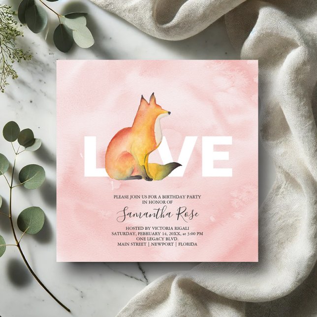 ウォーターカラーウッドランドキツネ誕生日パーティー (Valentines birthday invitations watercolor fox art by Victoria Grigaliunas Do Tell A Belle)