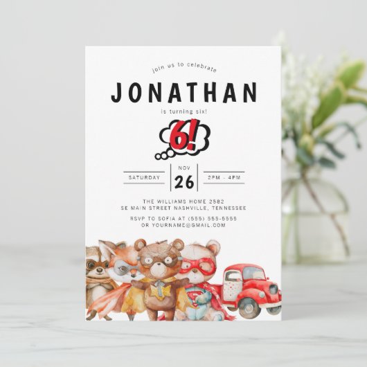 ウォーターカラーウッドランドスーパーヒーロー誕生日 招待状 (スタンド正面)