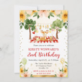 ウォーターカラーウッドランドディアピクニック子供の誕生日 招待状 (正面)