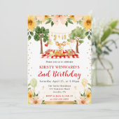 ウォーターカラーウッドランドディアピクニック子供の誕生日 招待状 (スタンド正面)