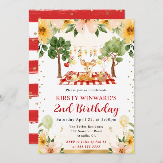 ウォーターカラーウッドランドディアピクニック子供の誕生日 招待状 (正面/裏面)