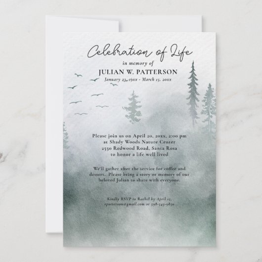 ウォーターカラーウッドランドパインズお祝いオブライフ 招待状 (正面)