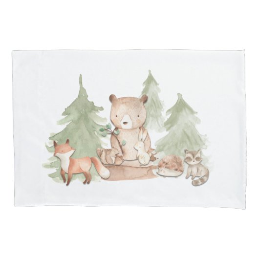 ウォーターカラーウッドランドフォレストアニマルズ子供部屋ベッドルーム 枕カバー (正面)