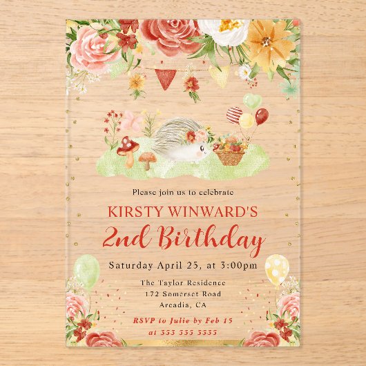 ウォーターカラーウッドランドヘッジホッグ子供の誕生日 アクリル招待状 (正面)