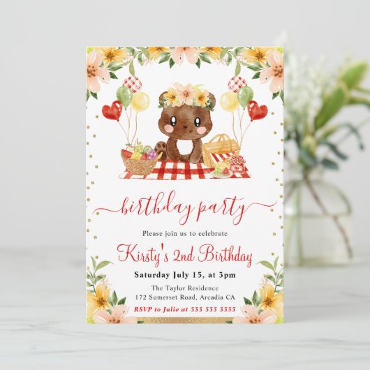 ウォーターカラーウッドランドベアーピクニック誕生日 招待状 (スタンド正面)