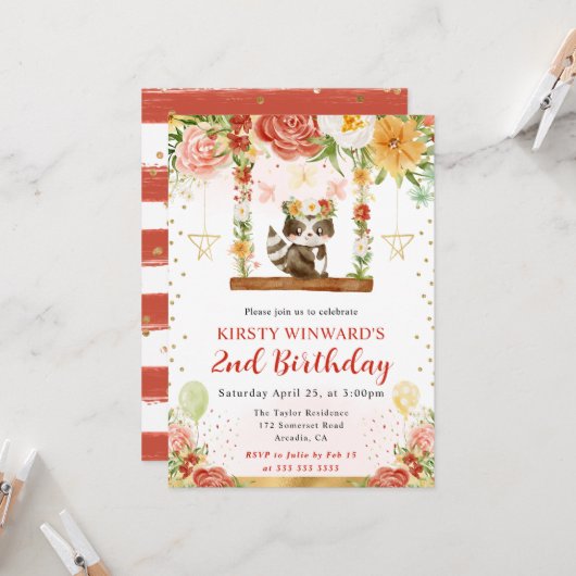 ウォーターカラーウッドランドラクーン子供の誕生日 招待状 (正面/裏面インサイチュ)