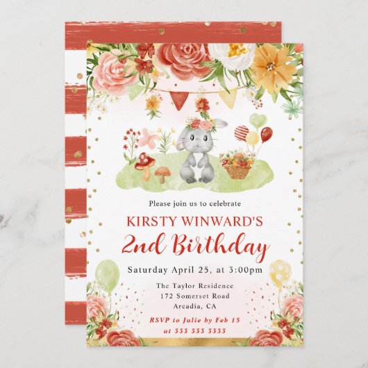 ウォーターカラーウッドランドラビット子供の誕生日 招待状 (正面/裏面)