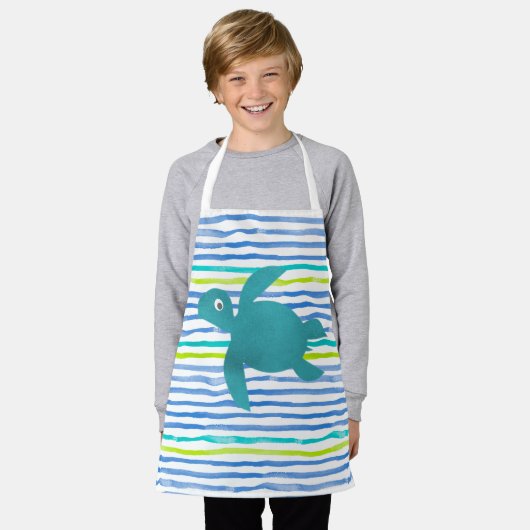 ウォーターカラーウミガメしぼりストライプ エプロン (着用した状態)