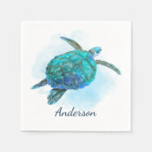 ウォーターカラーウミガメ海アクアブルー スタンダードカクテルナプキン (正面)