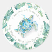 ウォーターカラーウミガメ&グリーン差出人住所 ラウンドシール (正面)