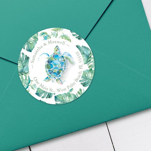 ウォーターカラーウミガメ&グリーン差出人住所 ラウンドシール