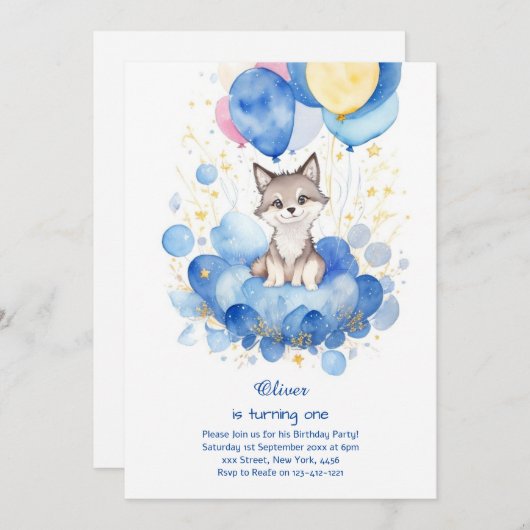 ウォーターカラーウルフファースト誕生日招待状 招待状 (正面/裏面)