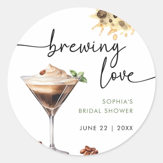 ウォーターカラーエスプレッソマルティーニブライダルシャワー ラウンドシール (正面)