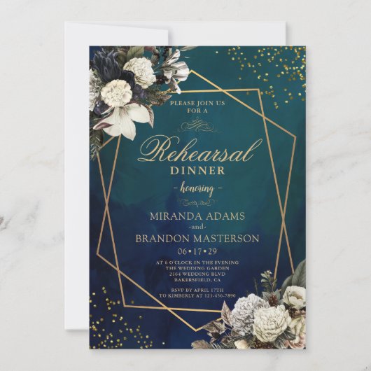 ウォーターカラーエメラルドグリーンフローラリハーサルディナー 招待状 (正面)