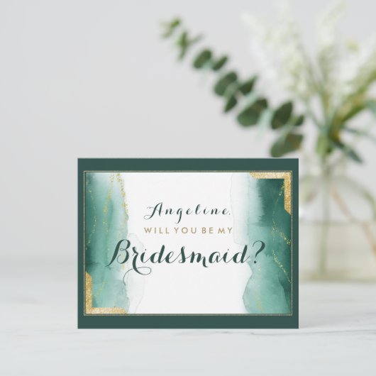 ウォーターカラーエメラルドグリーン金ゴールドグリッターブライドメイド 招待状 (スタンド正面)