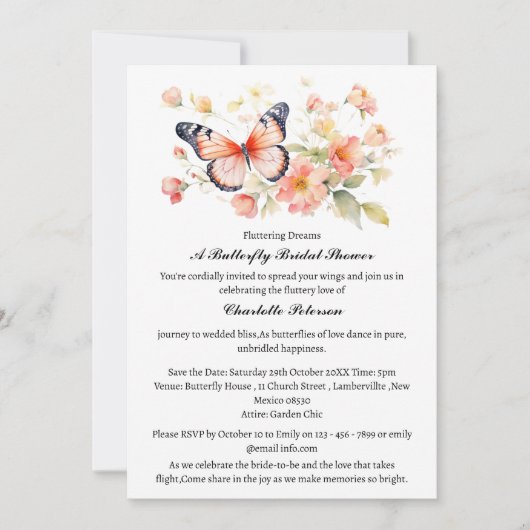 ウォーターカラーエレガントガーデンバタフライブライダルシャワー 招待状 (正面)