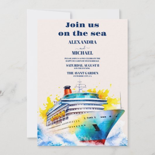 ウォーターカラーエレガントシースケープビーチクルーズ結婚ズ 招待状 (正面)