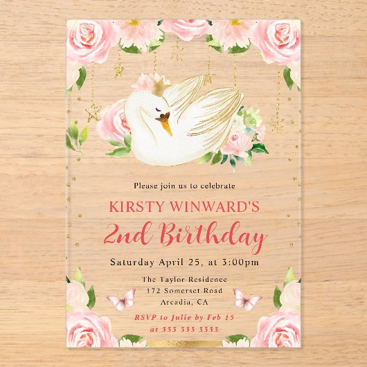 ウォーターカラーエレガントフローラスワン誕生日 アクリル招待状 (正面)