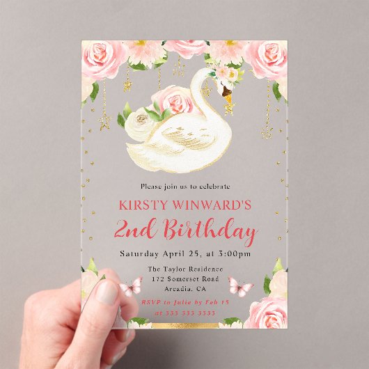 ウォーターカラーエレガントフローラスワン誕生日 アクリル招待状 (インサイチュ (ポータブル))