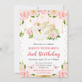 ウォーターカラーエレガントフローラスワン誕生日 招待状