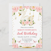 ウォーターカラーエレガントフローラスワン誕生日 招待状 (正面)