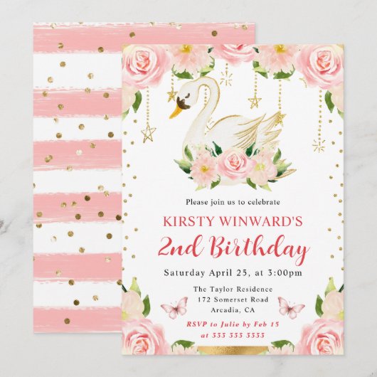 ウォーターカラーエレガントフローラスワン誕生日 招待状 (正面/裏面)