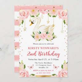 ウォーターカラーエレガントフローラスワン誕生日 招待状