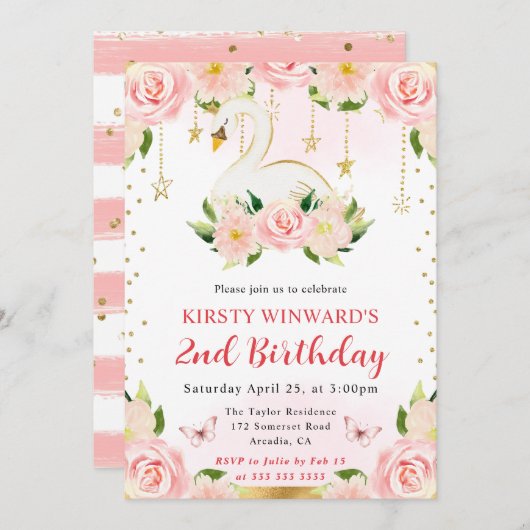 ウォーターカラーエレガントフローラスワン誕生日 招待状 (正面/裏面)