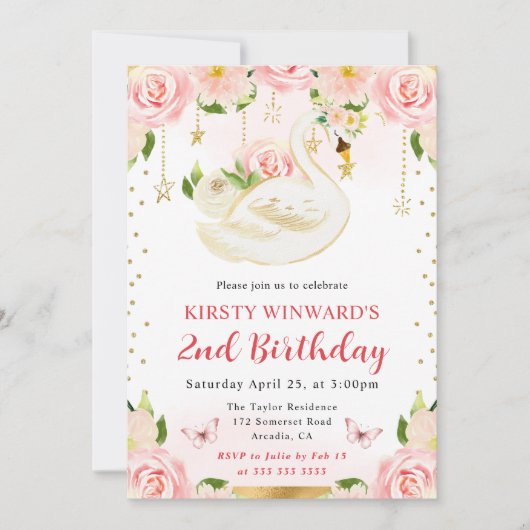 ウォーターカラーエレガントフローラスワン誕生日 招待状 (正面)