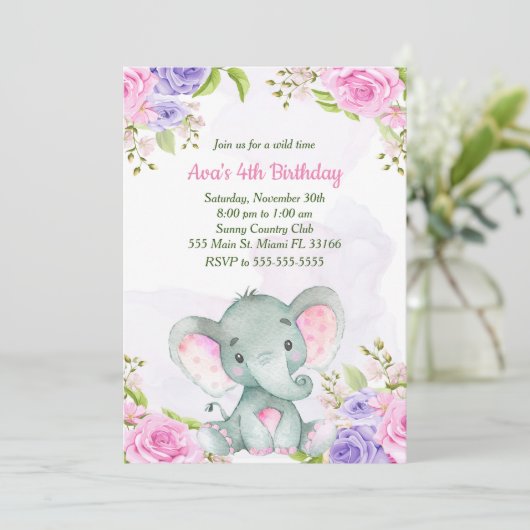 ウォーターカラーエレファントガール誕生日招待状 招待状 (スタンド正面)