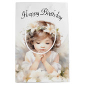 ウォーターカラーエンジェル誕生日ガール ミディアムペーパーバッグ (正面)