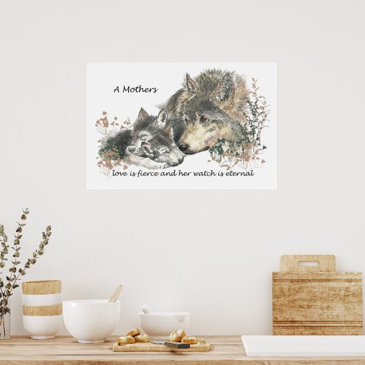 ウォーターカラーオオカミの母 愛の強さ 永遠の見守り ポスター (キッチン)