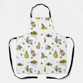 ウォーターカラーオリーブオリーブブランチ&油ボトル エプロン (正面)