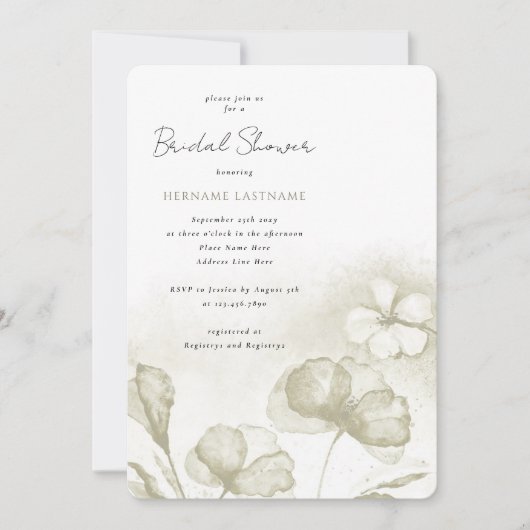 ウォーターカラーオリーブグリーンフローラブライダルシャワー 招待状 (正面)