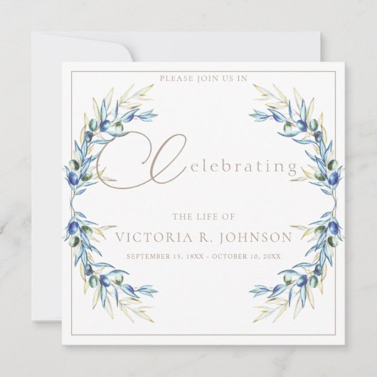 ウォーターカラーオリーブブランチお祝いオブライフ 招待状 (正面)