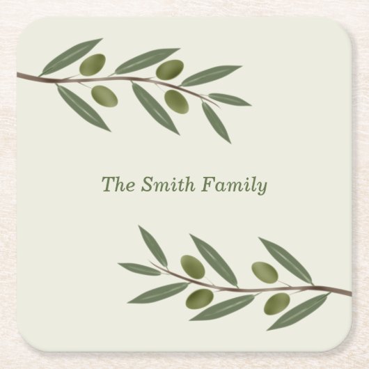 ウォーターカラーオリーブブランチ スクエアペーパーコースター (正面)