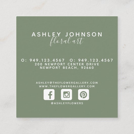 ウォーターカラーオリーブリーフリースセージグリーンタイポグラフィ スクエア名刺 (裏面)