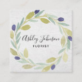 ウォーターカラーオリーブリーフリースセージグリーンタイポグラフィ スクエア名刺 (正面)