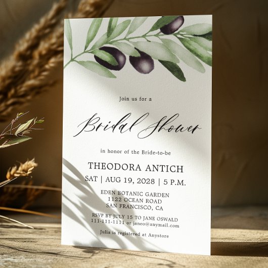 ウォーターカラーオリーブ枝ブライダルシャワー 招待状
