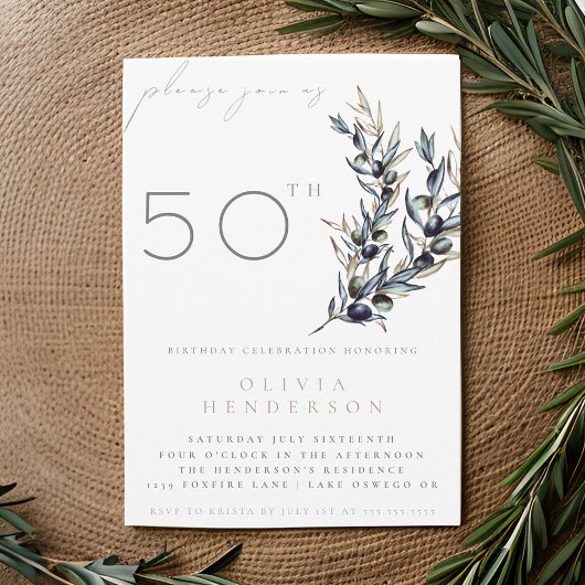 ウォーターカラーオリーブ枝大人誕生日招待状